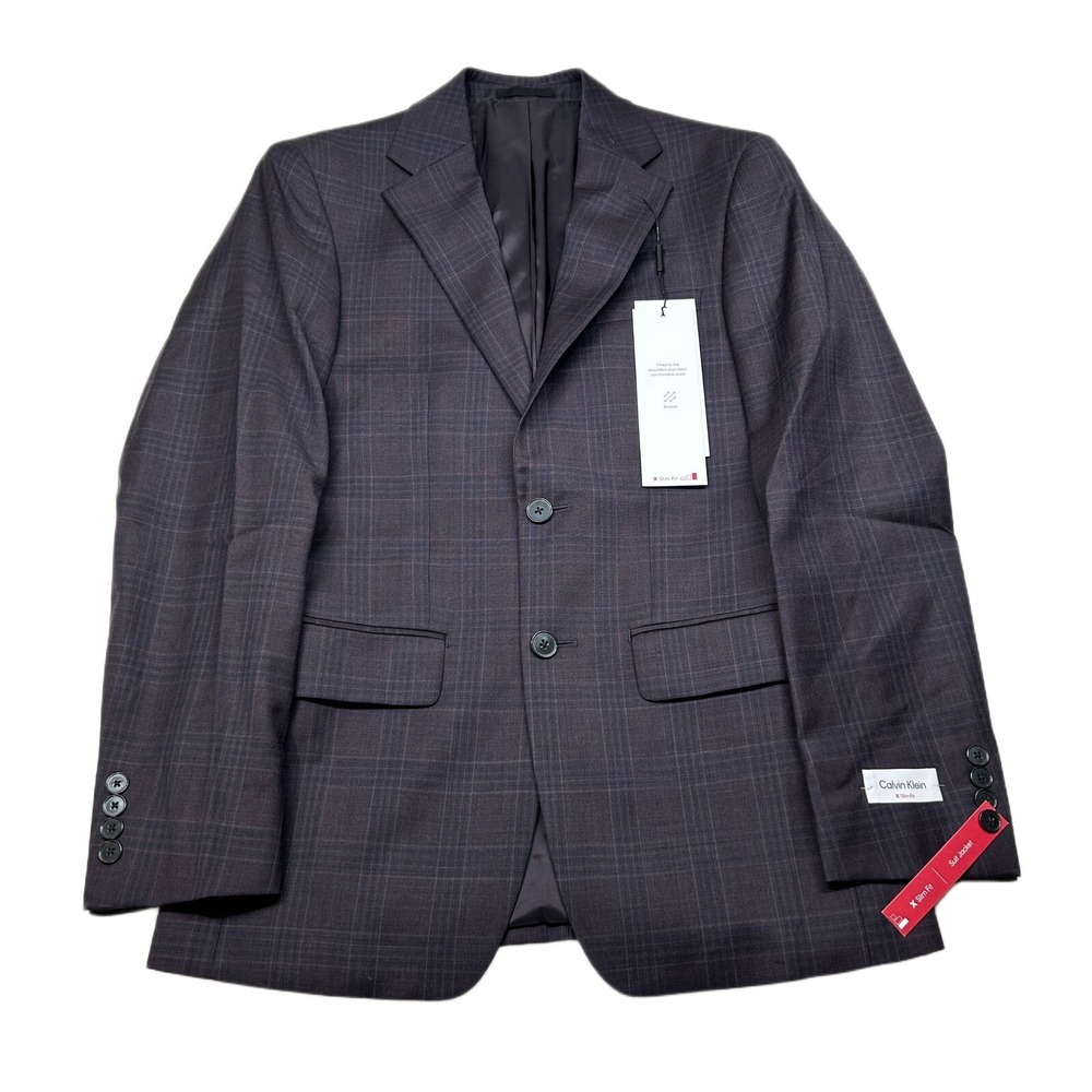 Calvin Klein Slim-Fit Suit Jacket Mens 38S Burgundy Navy Plaid Wool Stretch $450
